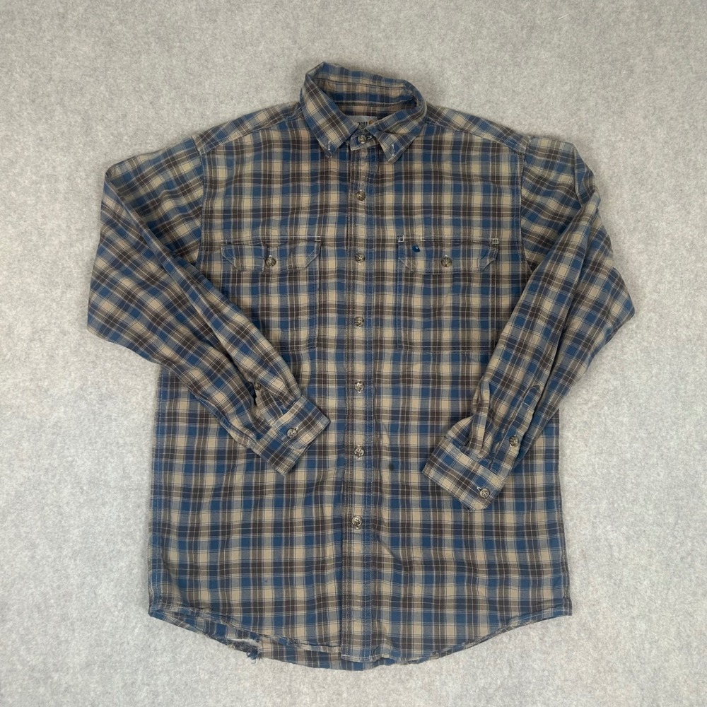 Carhartt Button Down Shirt Mens Medium Blue Tan Plaid Long Sleeve Workwear 1237
